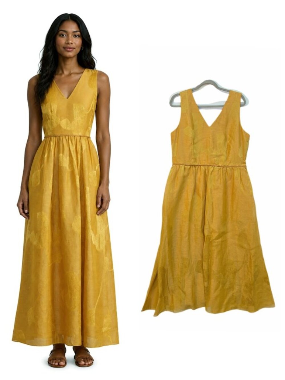 Lafayette 148 Lansing Leaf Linen & Silk Jacquard Dress Spiced Honey / Gold 14
